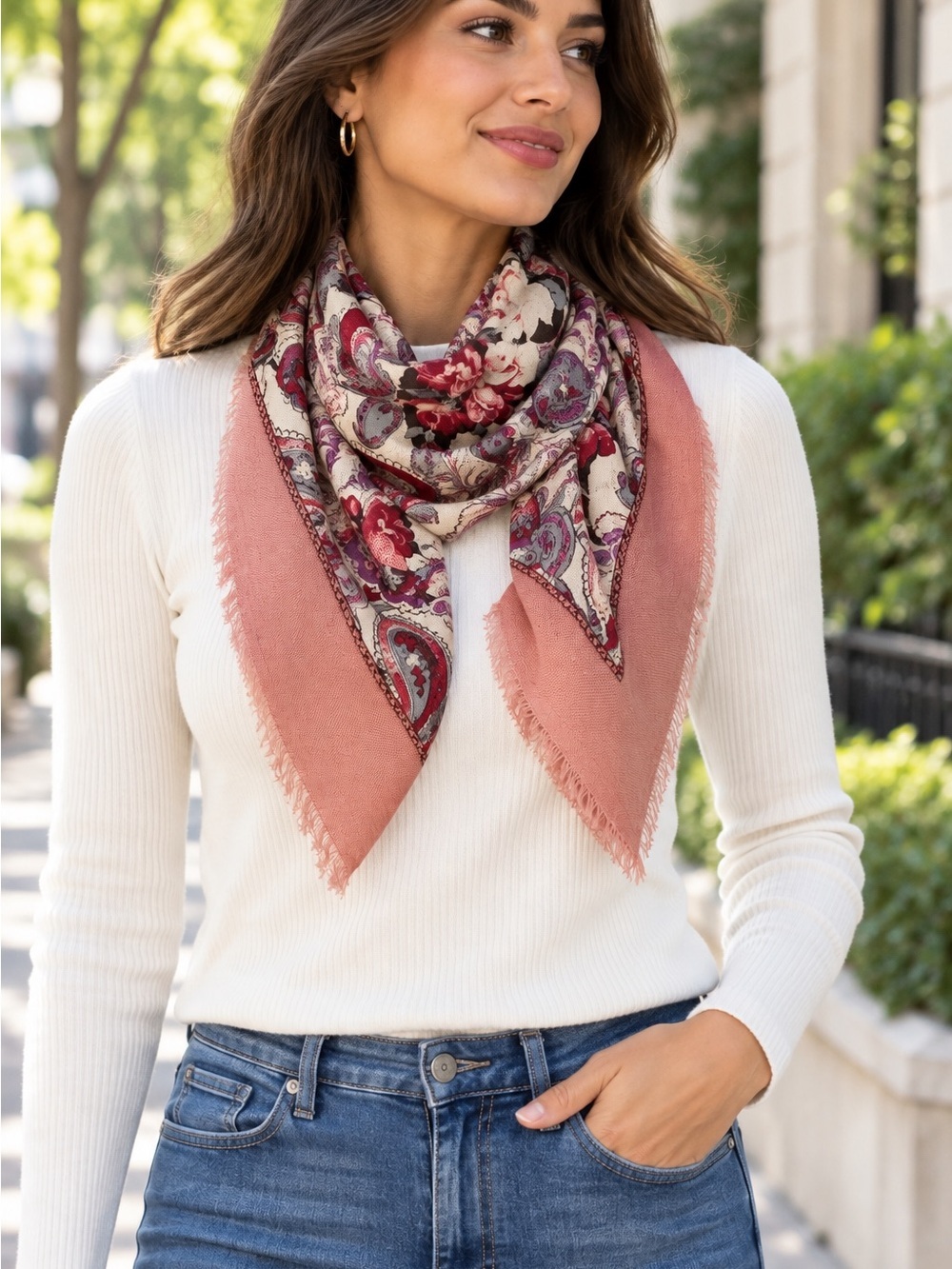 Paisley Floral Square Scarf in Dusty Rose 100% wool Laine